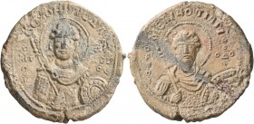 Melias, ostiarios, 12th century. Seal (Lead, 29 mm, 12.37 g, 1 h). KЄ ROHΘ T C ΔΛ ('Lord, help your servant); to left, O / AΓI/O/C; to right, [ΓЄω]/PΓ...