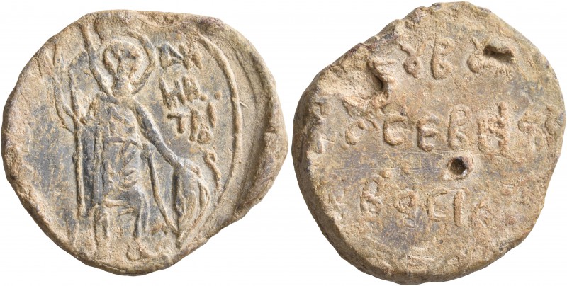 Basileios, sebastos (?), 13th century. Seal (Lead, 29 mm, 19.44 g, 8 h). ΔH/MH/T...