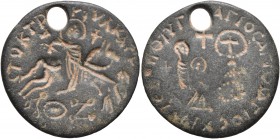 Uncertain, circa 6th century. Amulet (Bronze, 24 mm, 6.22 g, 1 h). CTOKTP [...] KVΛKAΓV Nimbate Holy Rider on horseback to right, spearing female demo...