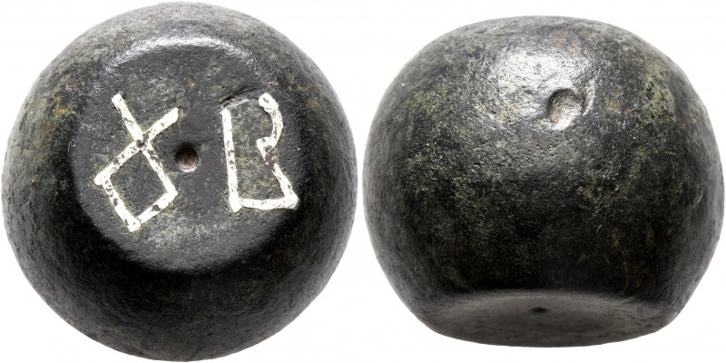 Byzantine Weights, 4th-5th centuries. Weight of 2 Ounkia (Bronze, 16x21 mm, 47.1...