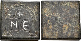 Byzantine Weights, Circa 5th-7th centuries. Weight of 5 Nomismata (Bronze, 22x22 mm, 21.88 g), a uniface square coin weight with plain edges. Ṅ Є with...