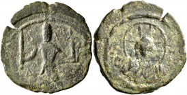 CRUSADERS. Edessa. Baldwin II, second reign, 1108-1118. Follis (Bronze, 21 mm, 4.90 g, 1 h). Count Baldwin II, dressed in chain-armour and conical hel...
