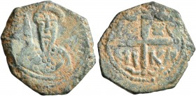 CRUSADERS. Antioch. Tancred, regent, 1101-1112. Follis (Bronze, 22 mm, 4.61 g, 6 h). Cuirassed bust of Tancred facing, wearing turban with cross and h...