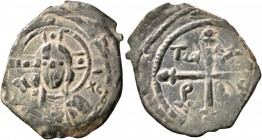 CRUSADERS. Antioch. Tancred, regent, 1101-1112. Follis (Bronze, 23 mm, 2.69 g, 1 h). Nimbate bust of Christ facing; in fields IC - XC. Rev. Cross pomm...