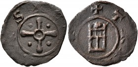 CRUSADERS. County of Tripoli. Bohémond V, 1233-1251. Pougeoise (Bronze, 16 mm, 0.74 g, 1 h), c.a. 1235 and later. +CIVITΛS Cross pommée with pellet in...