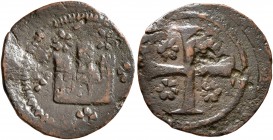 CRUSADERS. Chios. Maona Society, circa 1347-1385. AE (Bronze, 16 mm, 1.09 g). Castle with three towers and one door; around, five rosettes. Rev. Cross...
