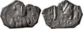 ISLAMIC, Time of the Rashidun. Pseudo-Byzantine types. Fals (Bronze, 16x24 mm, 4.90 g, 12 h), imitating a follis of Constans II, uncertain mint, circa...