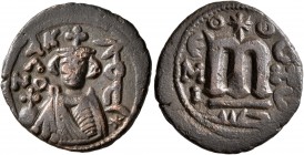 ISLAMIC, Umayyad Caliphate. temp. Mu'awiya I ibn Abi Sufyan, AH 41-60 / AD 661-680. Fals (Bronze, 19 mm, 3.84 g, 7 h), Arab-Byzantine type, Hims. K/A/...
