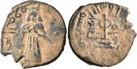 ISLAMIC, Umayyad Caliphate. temp. 'Abd al-Malik ibn Marwan, AH 65-86 / AD 685-705. Fals (Bronze, 20 mm, 3.35 g, 3 h), 'Standing Caliph' type, Tanukh, ...