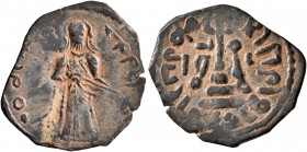 ISLAMIC, Umayyad Caliphate. temp. 'Abd al-Malik ibn Marwan, AH 65-86 / AD 685-705. Fals (Bronze, 21 mm, 2.01 g, 1 h), 'Standing Caliph' type, Ma'arrat...