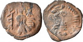 ISLAMIC, Umayyad Caliphate. temp. 'Abd al-Malik ibn Marwan, AH 65-86 / AD 685-705. Fals (Bronze, 22 mm, 2.58 g, 4 h), 'Standing Caliph' type, Al-Ruha,...