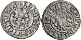 ARMENIA, Cilician Armenia. Royal. Levon I, 1198-1219. Tram (Silver, 23 mm, 2.70 g, 7 h). Levon seated facing on throne decorated with lions, holding c...