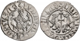 ARMENIA, Cilician Armenia. Royal. Levon I, 1198-1219. Tram (Silver, 21 mm, 2.99 g, 11 h). Levon seated facing on throne decorated with lions, holding ...