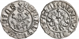 ARMENIA, Cilician Armenia. Royal. Levon I, 1198-1219. Tram (Silver, 21 mm, 2.94 g, 11 h). Levon seated facing on throne decorated with lions, holding ...