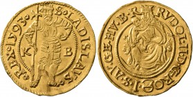 AUSTRIA. Holy Roman Empire. Rudolf II, Emperor, 1576-1611. Ducat (Gold, 22 mm, 3.47 g, 11 h), Kremnitz, 1593. S LADISLAVS REX 1593 St. Ladislaus stand...
