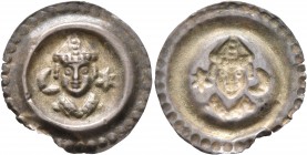 GERMANY. Konstanz (Bistum). Eberhard II. von Waldburg, 1248-1274. Bracteate (Silver, 19 mm, 0.44 g). Draped facing bust wearing miter between crescent...