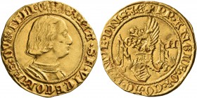 ITALY. Milano (Duchi). Galeazzo Maria Sforza, 1466-1476. Ducato (Gold, 23 mm, 3.32 g, 4 h). G3•MA•SF•VICECOMES•DVX•MLI•V: Draped bust of Galeazzo Mari...