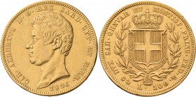 ITALY. Sardegna (Regno). Carlo Alberto, 1831-1849. 100 Lire (Gold, 34 mm, 32.22 g, 6 h), Genoa, 1836. CAR•ALBERTVS D•G• REX SARD•CYP•ET HIER• Bare hea...