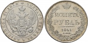 RUSSIA, Tsars of Russia. Nikolai I Pavlovich, 1825-1855. Rouble (Silver, 36 mm, 21.02 g, 12 h), 1841, St. Petersburg. Bitkin 192. Davenport 283. Light...