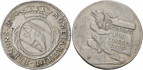 SWITZERLAND. Bern. Stadt. 20 Kreuzer (Silver, 26 mm, 5.04 g, 12 h), Schulpfennig 1766. MONETA REIPUB•BERNENSIS•1764• Crowned coat of arms. Rev. Bear s...