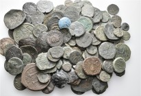 A lot containing 147 bronze coins. Includes: Late Roman Folles, Greek, Byzantine. Fair to fine. LOT SOLD AS IS, NO RETURNS. 147 coins in lot.