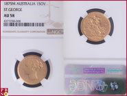 Sovereign, 1875M (Melbourne mint), Gold, St. George, Fr. 16, in NGC holder nr. 4377258-008. NO (0%) BUYER'S PREMIUM ON THIS LOT.

AU 58