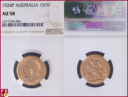 Sovereign, 1924P (Perth mint), Gold, Fr. 40, in NGC holder nr. 4377258-006. NO (0%) BUYER'S PREMIUM ON THIS LOT.

AU 58
