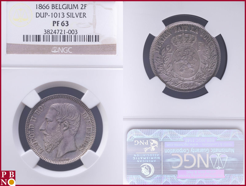 Leopold II (1865-1909), 2 Francs, 1866, PROOF, Silver, Dup-1013, KM 30.1, in NGC...