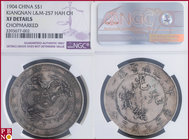 7 Mace 2 Candarrens (Dollar), 1904 Silver, variety with HAH and "CH", L&M-257, KM Y-145a.12, in NGC holder nr. 3393677-002, chopmarked.

XF DETAILS