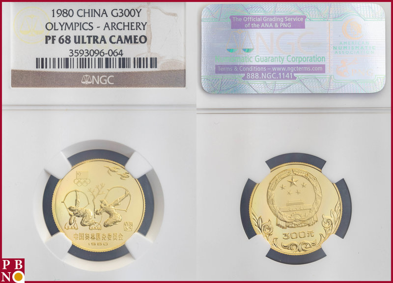 300 Yuan, 1980, Olympics-Archers, Gold, Fr. 6, in NGC holder nr. 3593096-064. NO...