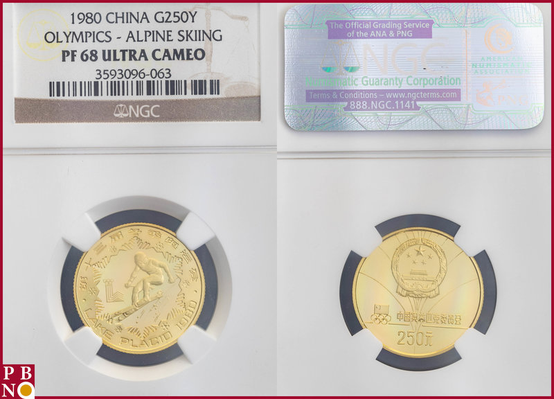 250 Yuan, 1980, Olympics-Alpine Skiing, Gold, Fr. 7, in NGC holder nr. 3593096-0...