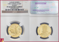150 Yuan, 1987, Lunar Series, Gold, Rabbit, Fr B62, in NGC holder nr. 3593096-069. NO (0%) BUYER'S PREMIUM ON THIS LOT.

PF 68 Ultra Cameo