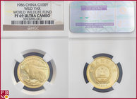 100 Yuan, 1986, World Wildlife Fund, Gold, Wild Yak, Fr. 18, mintage: 3.000 coins, in NGC holder nr. 3593096-067, SCARCE. NO (0%) BUYER'S PREMIUM ON T...