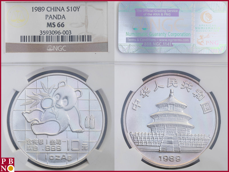 10 Yuan, 1989, 1 ounce Silver Panda, KM Y-186, in NGC holder nr. 3593096-003

...