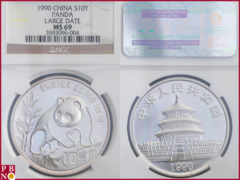 10 Yuan, 1990, 1 ounce Silver Panda Small Date, KM Y-237, in NGC holder nr. 3593...
