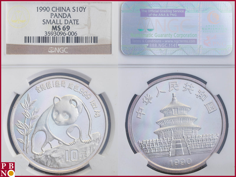 10 Yuan, 1990, 1 ounce Silver Panda Large Date, KM Y-237, in NGC holder nr. 3593...