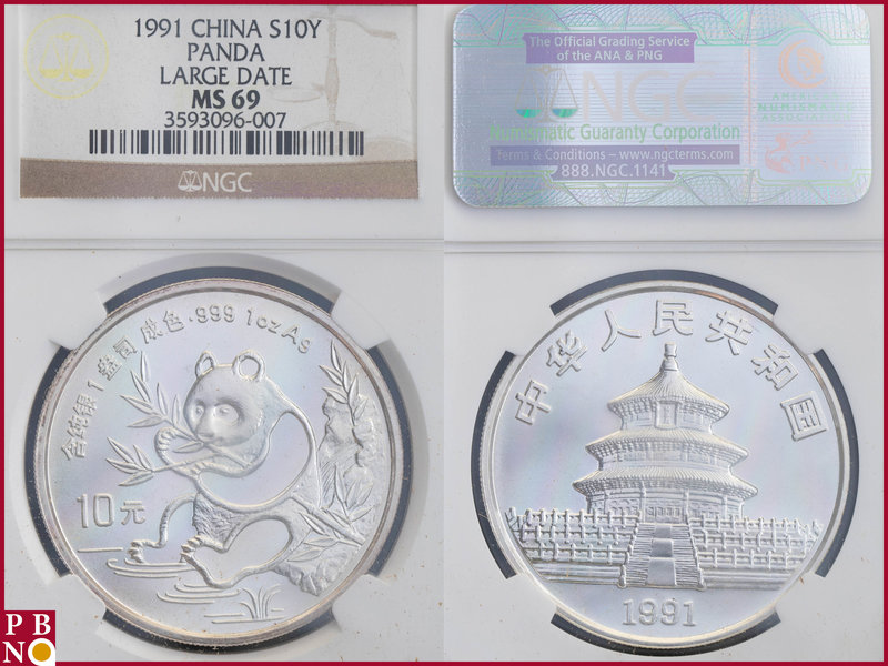 10 Yuan, 1991, 1 ounce Silver Panda Large Date, KM 308.1, in NGC holder nr. 3593...