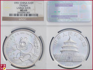 10 Yuan, 1991, 1 ounce Silver Panda Large Date, KM 308.1, in NGC holder nr. 3593096-007

MS 69