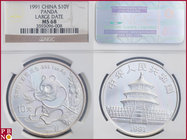 10 Yuan, 1991, 1 ounce Silver Panda Large Date, KM 308.1, in NGC holder nr. 3593096-008

MS 68