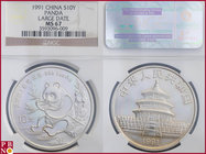 10 Yuan, 1991, 1 ounce Silver Panda Large Date, KM 308.1, in NGC holder nr. 3593096-009

MS 67