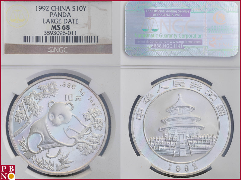 10 Yuan, 1992, 1 ounce Silver Panda Large Date, KM Y-346, in NGC holder nr. 3593...