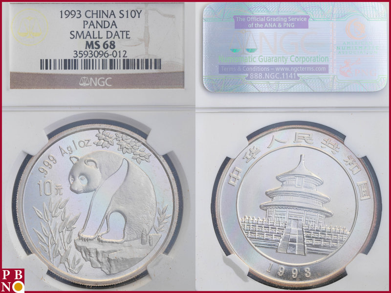 10 Yuan, 1993, 1 ounce Silver Panda Small Date, KM Y-361, in NGC holder nr. 3593...