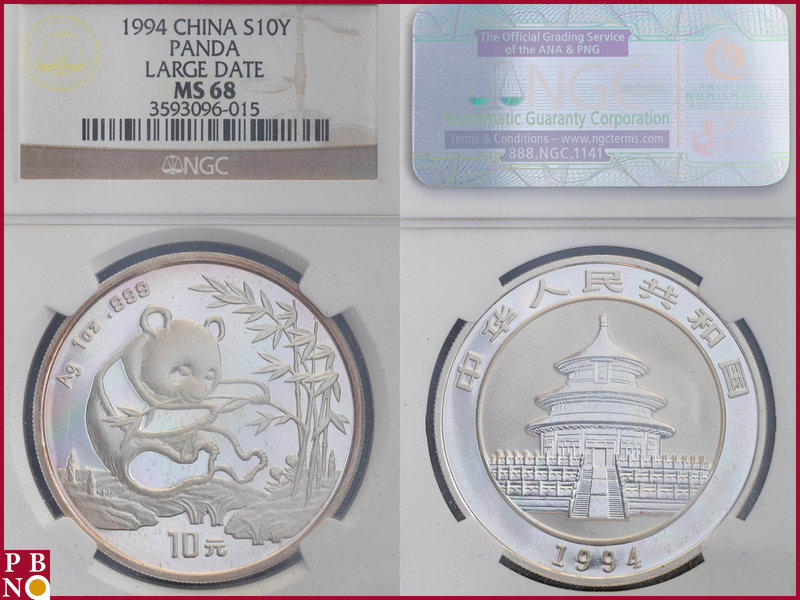 10 Yuan, 1994, 1 ounce Silver Panda Large Date, KM Y-416, in NGC holder nr. 3593...