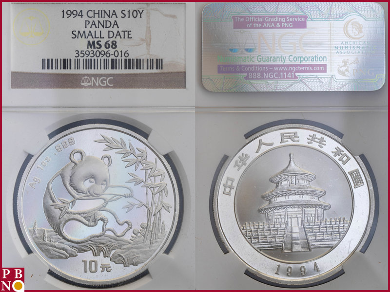 10 Yuan, 1994, 1 ounce Silver Panda Large Date, KM Y-416, in NGC holder nr. 3593...