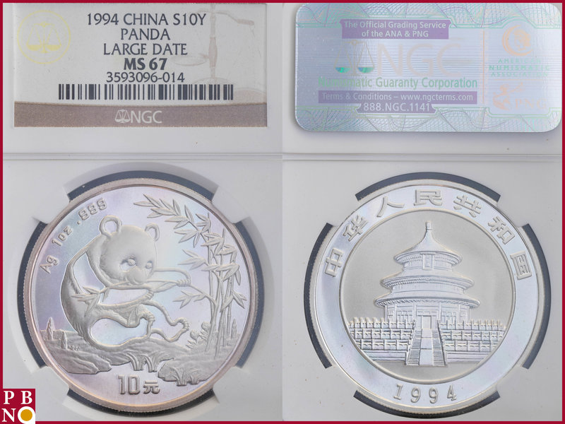 10 Yuan, 1994, 1 ounce Silver Panda Small Date, KM Y-416, in NGC holder nr. 3593...