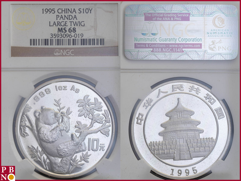 10 Yuan, 1995, 1 ounce Silver Panda Large Twig, KM Y-485.1, in NGC holder nr. 35...