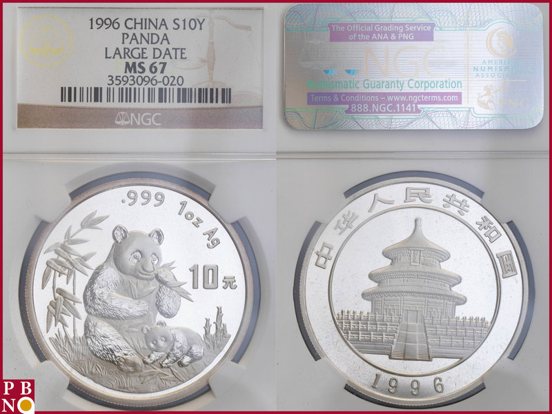 10 Yuan, 1996, 1 ounce Silver Panda Large Date, KM Y-583, in NGC holder nr. 3593...
