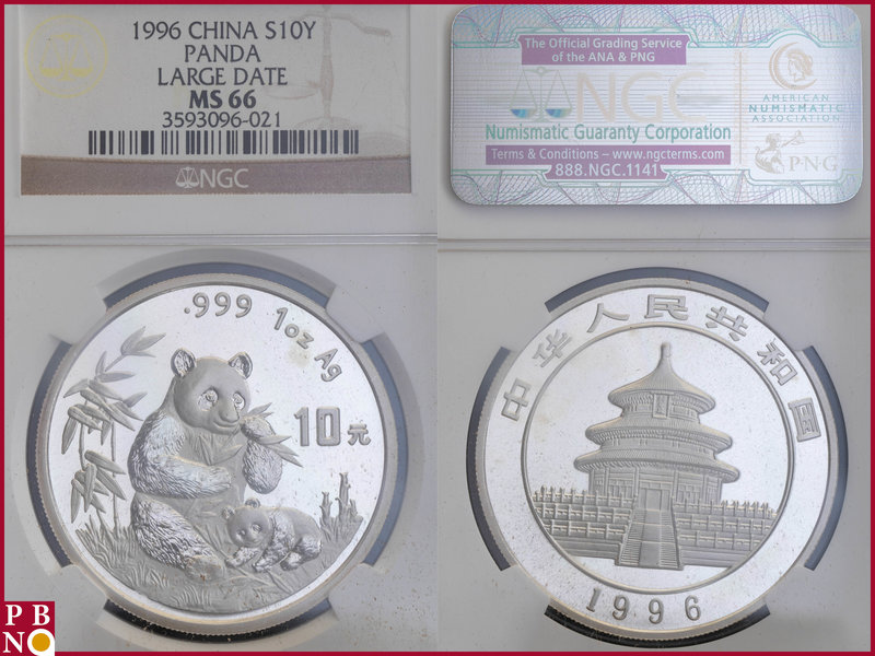 10 Yuan, 1996, 1 ounce Silver Panda Large Date, KM Y-583, in NGC holder nr. 3593...