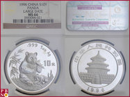 10 Yuan, 1996, 1 ounce Silver Panda Large Date, KM Y-583, in NGC holder nr. 3593096-021

MS 66