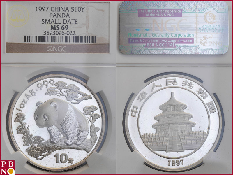 10 Yuan, 1997, 1 ounce Silver Panda Small Date, KM Y-715, in NGC holder nr. 3593...